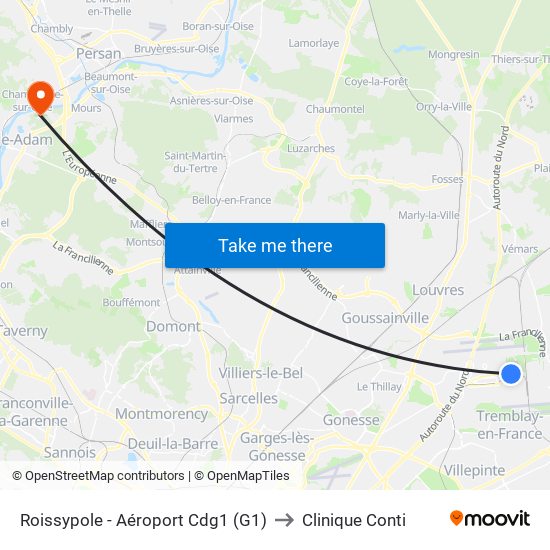 Roissypole - Aéroport Cdg1 (G1) to Clinique Conti map