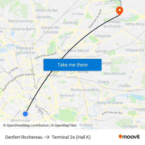 Denfert-Rochereau to Terminal 2e (Hall K) map