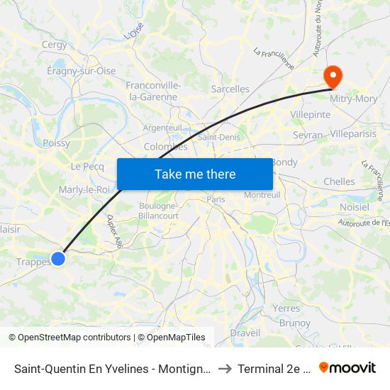 Saint-Quentin En Yvelines - Montigny-Le-Bretonneux to Terminal 2e (Hall K) map