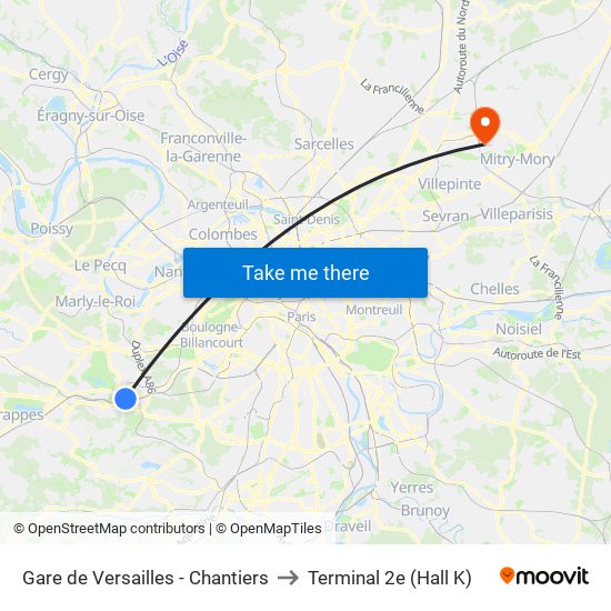 Gare de Versailles - Chantiers to Terminal 2e (Hall K) map