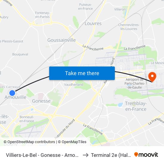 Villiers-Le-Bel - Gonesse - Arnouville to Terminal 2e (Hall K) map