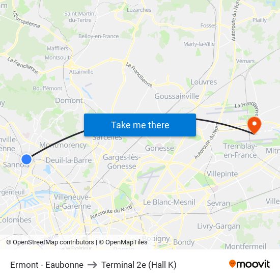 Ermont - Eaubonne to Terminal 2e (Hall K) map