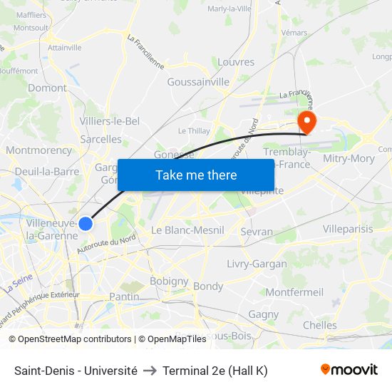 Saint-Denis - Université to Terminal 2e (Hall K) map