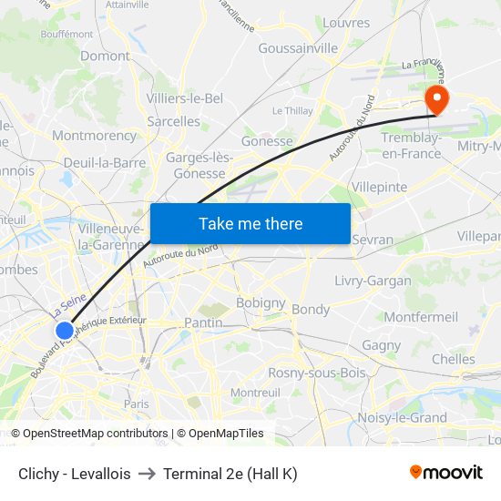 Clichy - Levallois to Terminal 2e (Hall K) map