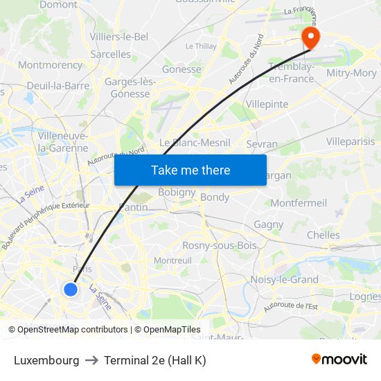 Luxembourg to Terminal 2e (Hall K) map