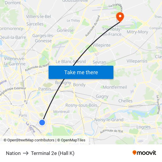 Nation to Terminal 2e (Hall K) map