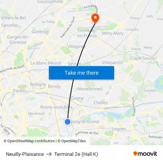 Neuilly-Plaisance to Terminal 2e (Hall K) map