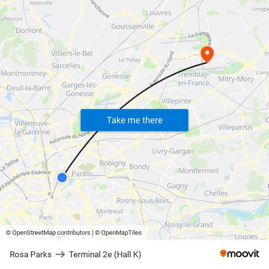 Rosa Parks to Terminal 2e (Hall K) map