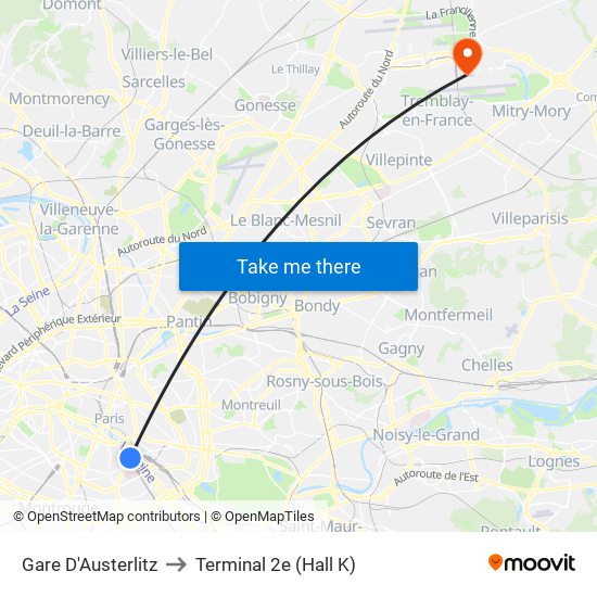 Gare D'Austerlitz to Terminal 2e (Hall K) map