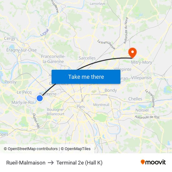 Rueil-Malmaison to Terminal 2e (Hall K) map