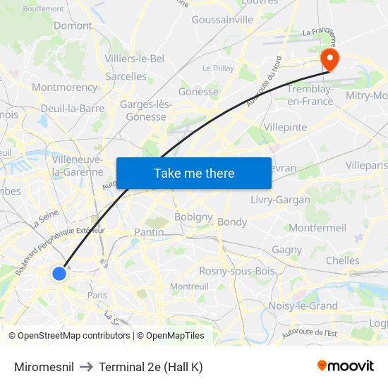 Miromesnil to Terminal 2e (Hall K) map