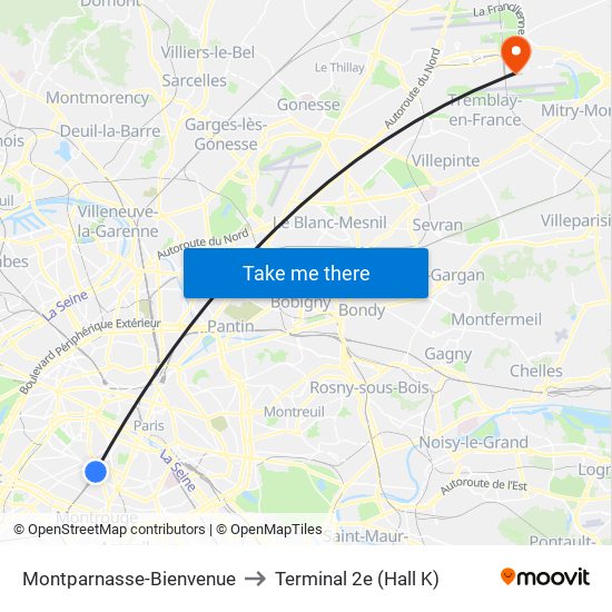 Montparnasse-Bienvenue to Terminal 2e (Hall K) map