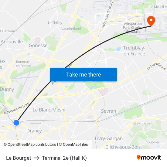 Le Bourget to Terminal 2e (Hall K) map