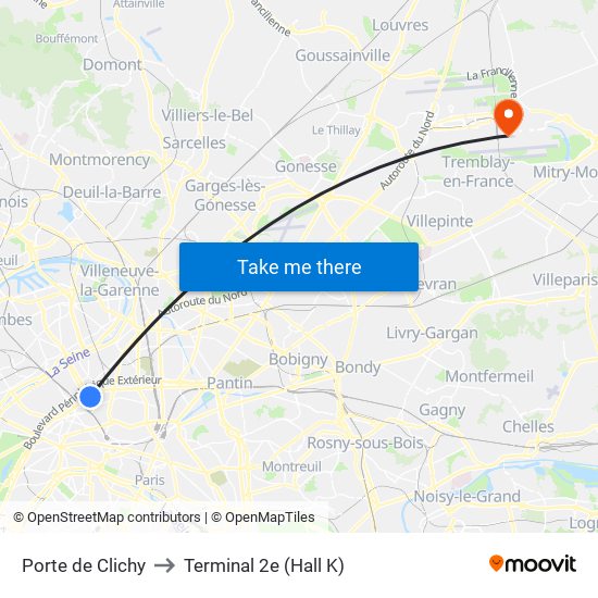 Porte de Clichy to Terminal 2e (Hall K) map