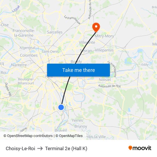 Choisy-Le-Roi to Terminal 2e (Hall K) map