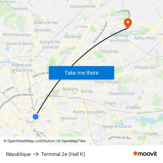 République to Terminal 2e (Hall K) map