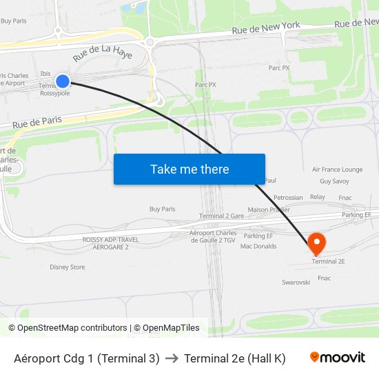 Aéroport Cdg 1 (Terminal 3) to Terminal 2e (Hall K) map