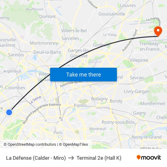 La Défense (Calder - Miro) to Terminal 2e (Hall K) map