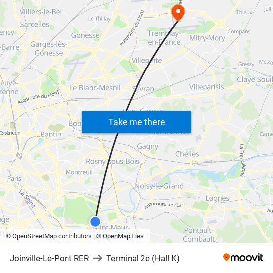 Joinville-Le-Pont RER to Terminal 2e (Hall K) map