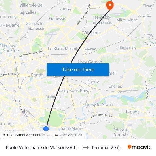 École Vétérinaire de Maisons-Alfort - Métro to Terminal 2e (Hall K) map