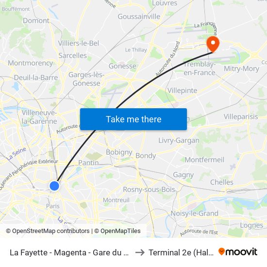La Fayette - Magenta - Gare du Nord to Terminal 2e (Hall K) map