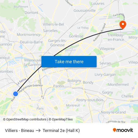 Villiers - Bineau to Terminal 2e (Hall K) map