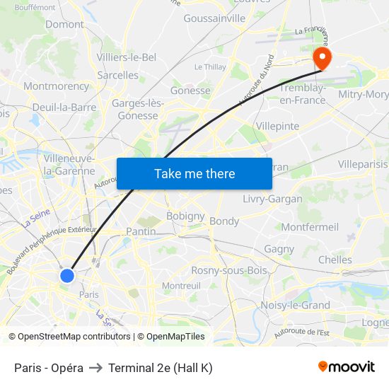 Paris - Opéra to Terminal 2e (Hall K) map