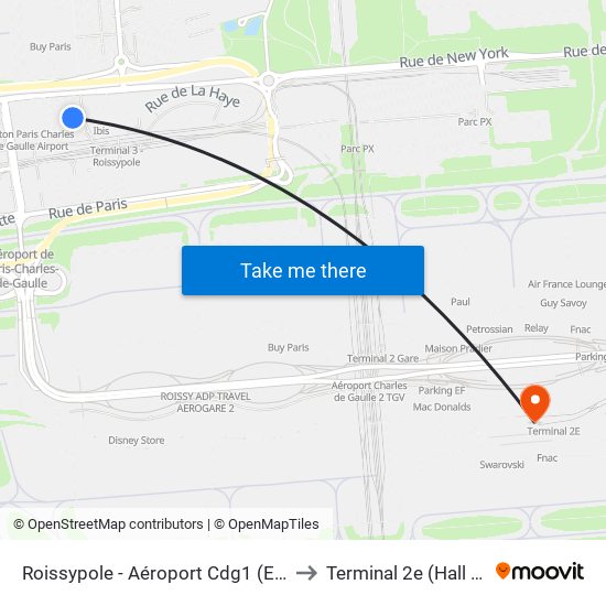 Roissypole - Aéroport Cdg1 (E2) to Terminal 2e (Hall K) map