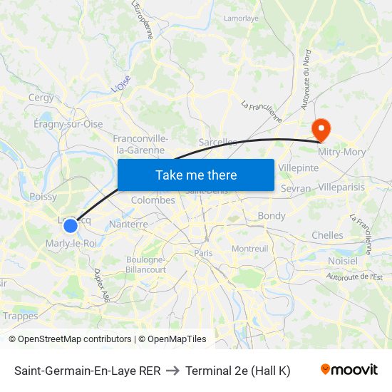 Saint-Germain-En-Laye RER to Terminal 2e (Hall K) map