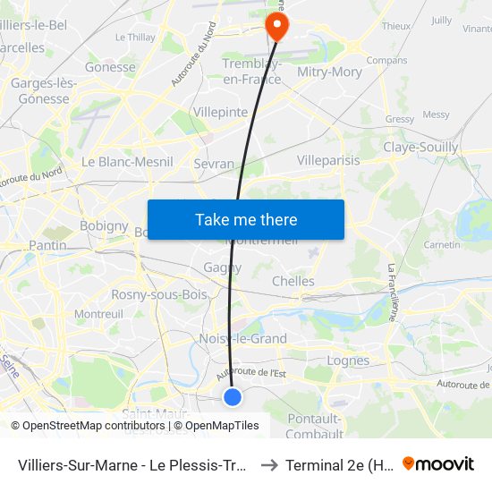 Villiers-Sur-Marne - Le Plessis-Trévise RER to Terminal 2e (Hall K) map