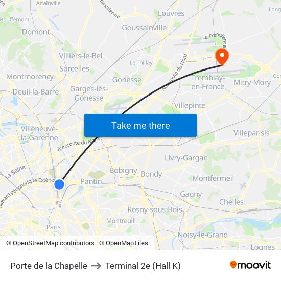 Porte de la Chapelle to Terminal 2e (Hall K) map