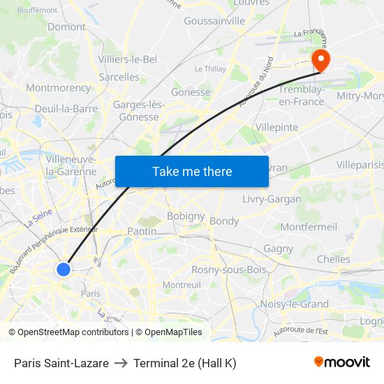 Paris Saint-Lazare to Terminal 2e (Hall K) map