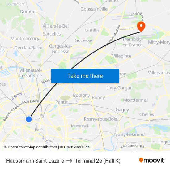 Haussmann Saint-Lazare to Terminal 2e (Hall K) map