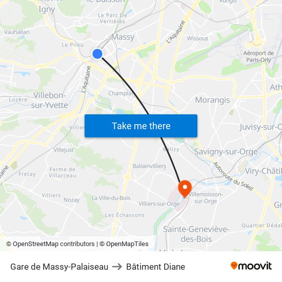 Gare de Massy-Palaiseau to Bâtiment Diane map