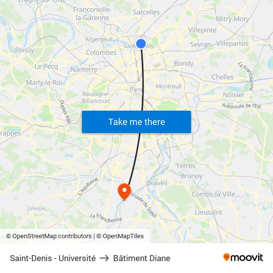 Saint-Denis - Université to Bâtiment Diane map