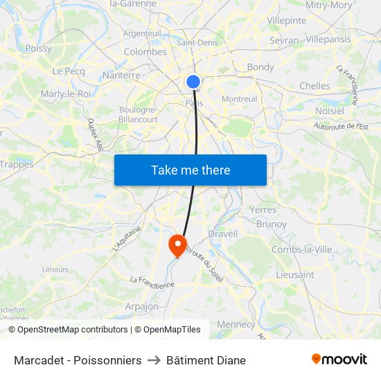 Marcadet - Poissonniers to Bâtiment Diane map