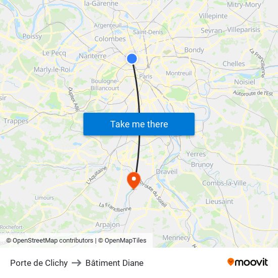 Porte de Clichy to Bâtiment Diane map