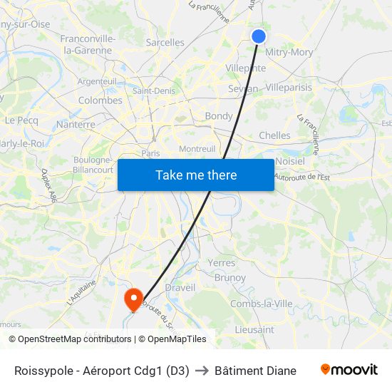 Roissypole - Aéroport Cdg1 (D3) to Bâtiment Diane map
