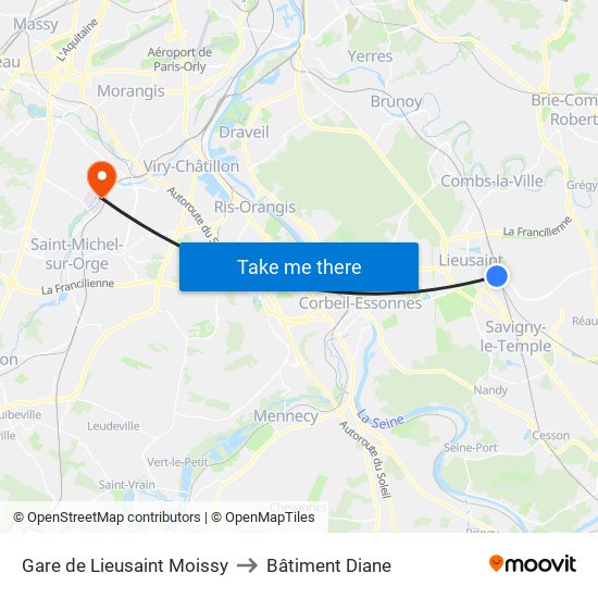 Gare de Lieusaint Moissy to Bâtiment Diane map