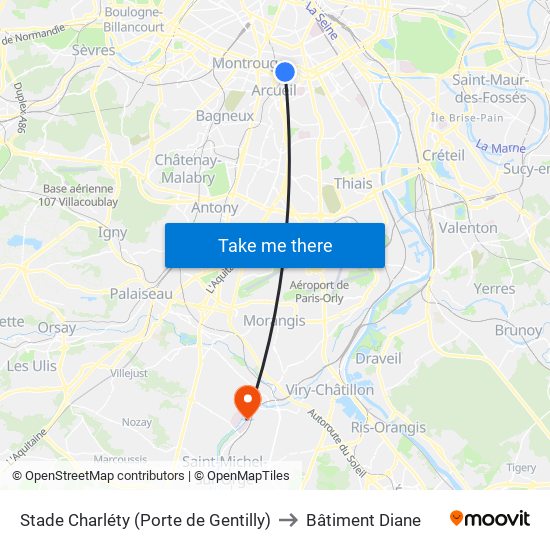 Stade Charléty (Porte de Gentilly) to Bâtiment Diane map