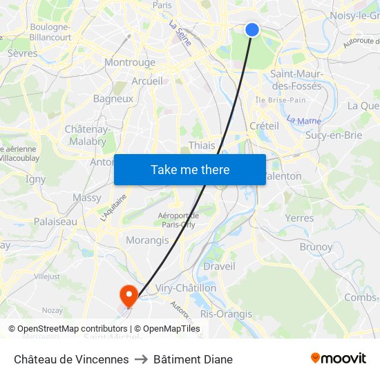 Château de Vincennes to Bâtiment Diane map
