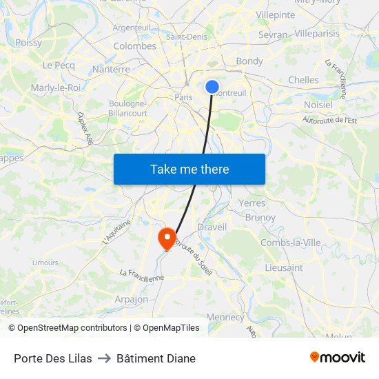 Porte Des Lilas to Bâtiment Diane map