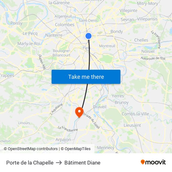 Porte de la Chapelle to Bâtiment Diane map