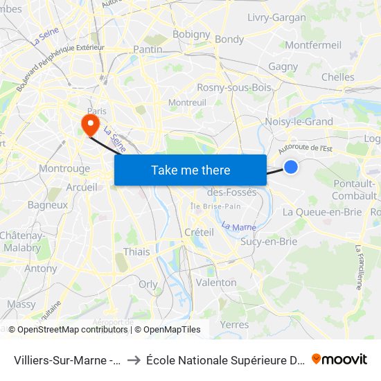 Villiers-Sur-Marne - Le Plessis-Trévise RER to École Nationale Supérieure Des Arts Décoratifs - Université Psl map