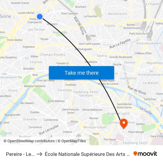 Pereire - Le Chatelier to École Nationale Supérieure Des Arts Décoratifs - Université Psl map