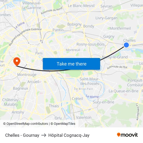 Chelles - Gournay to Hôpital Cognacq-Jay map