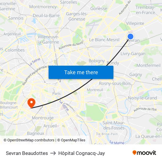 Sevran Beaudottes to Hôpital Cognacq-Jay map