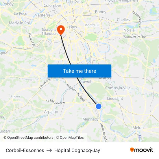 Corbeil-Essonnes to Hôpital Cognacq-Jay map