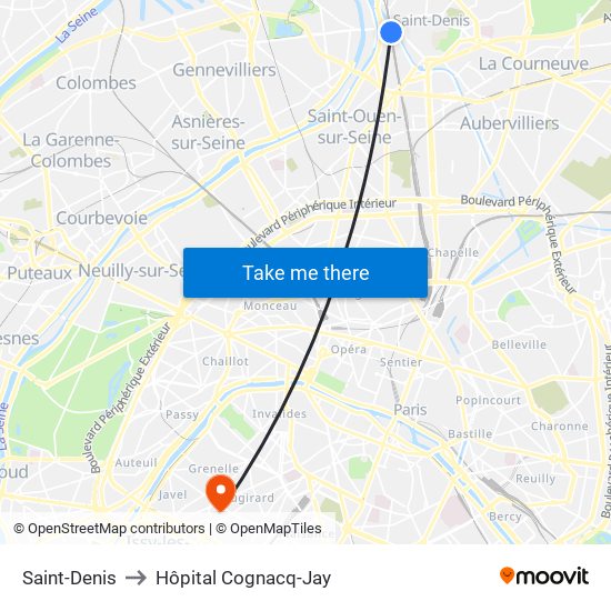 Saint-Denis to Hôpital Cognacq-Jay map