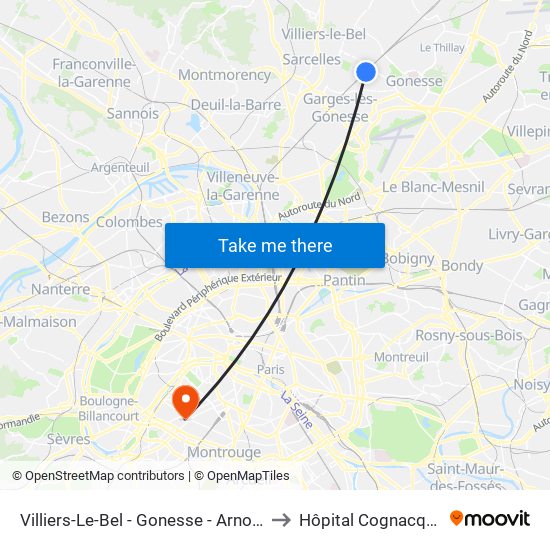 Villiers-Le-Bel - Gonesse - Arnouville to Hôpital Cognacq-Jay map